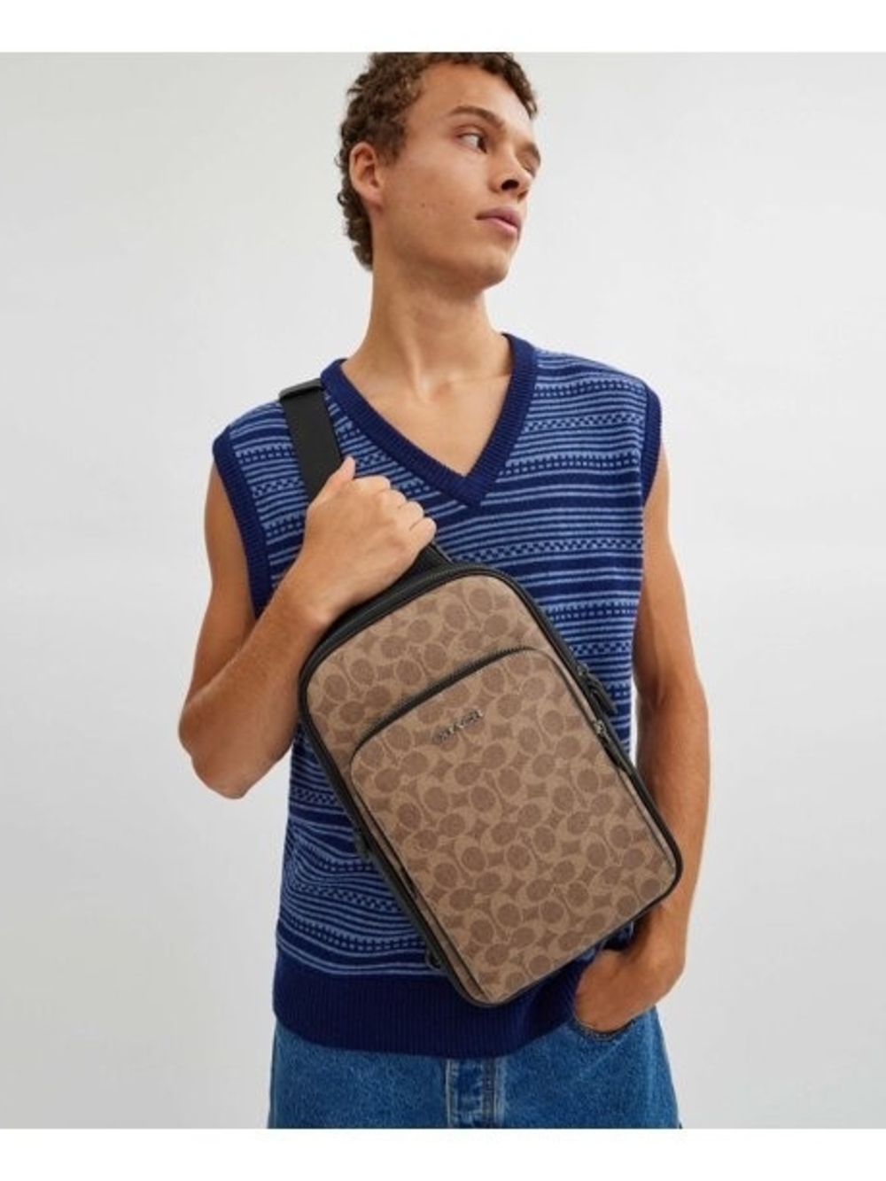 Coach Brown Signature Canvas Crossbody Sling Bag with Black Trim
